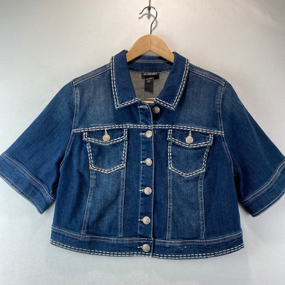 Lane Bryant Short Sleeve Denim Jacket Womens 14 Blue Contrast Stitch Cropped